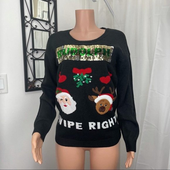 Merry&Bright Sequined Swipe Right Signed Christmas Sweater SZ M Rudolph - Santa - Picture 3 of 12